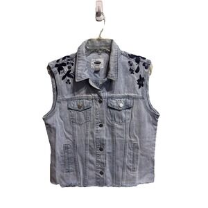Old Navy Women Light Wash Button Front Trucker Denim vest cut sleeves‎ L Raw Hem